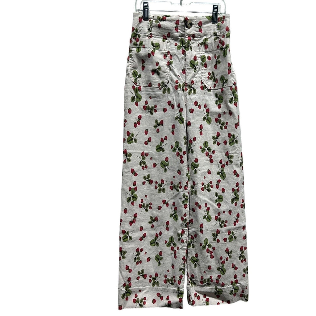 Maeve Anthropologie The Colette Strawberry Print Wide Leg Cropped Pants Size 25