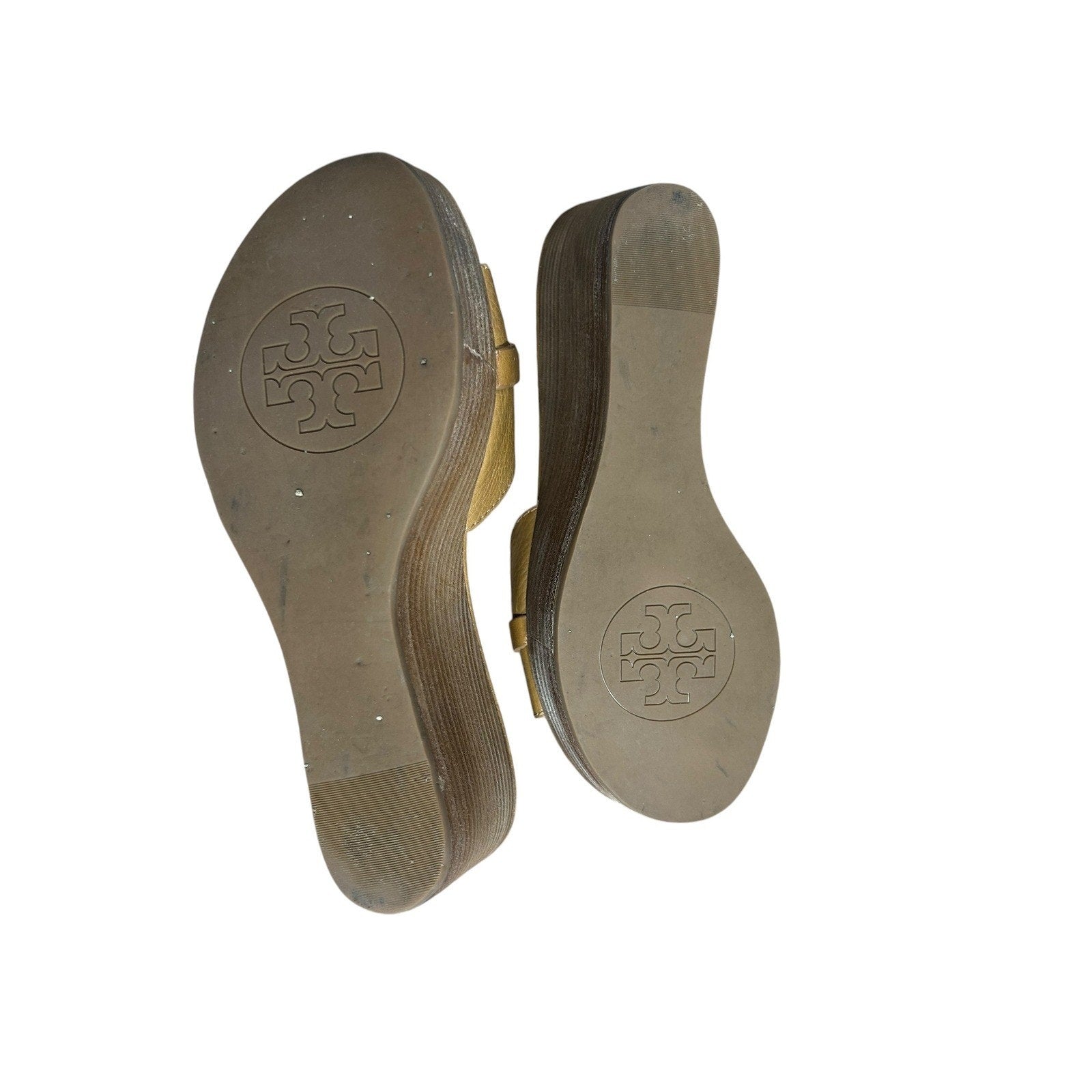 Tory Burch Miller Tan Pebbled Leather Platform Wedge Sandals Gold Logo 7M Brazil