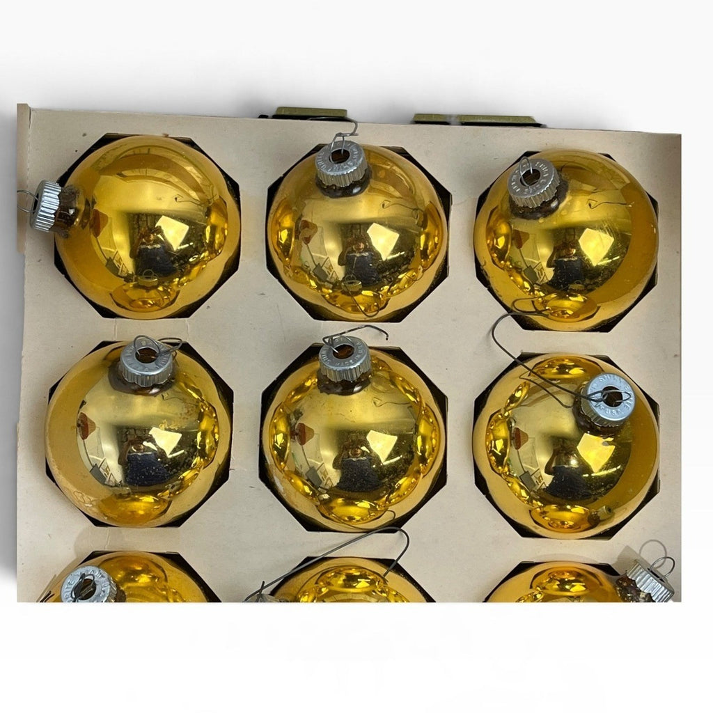 Vintage Shiny Brite Gold Glass Christmas Ornaments Set of 12 Mid Century MCM USA