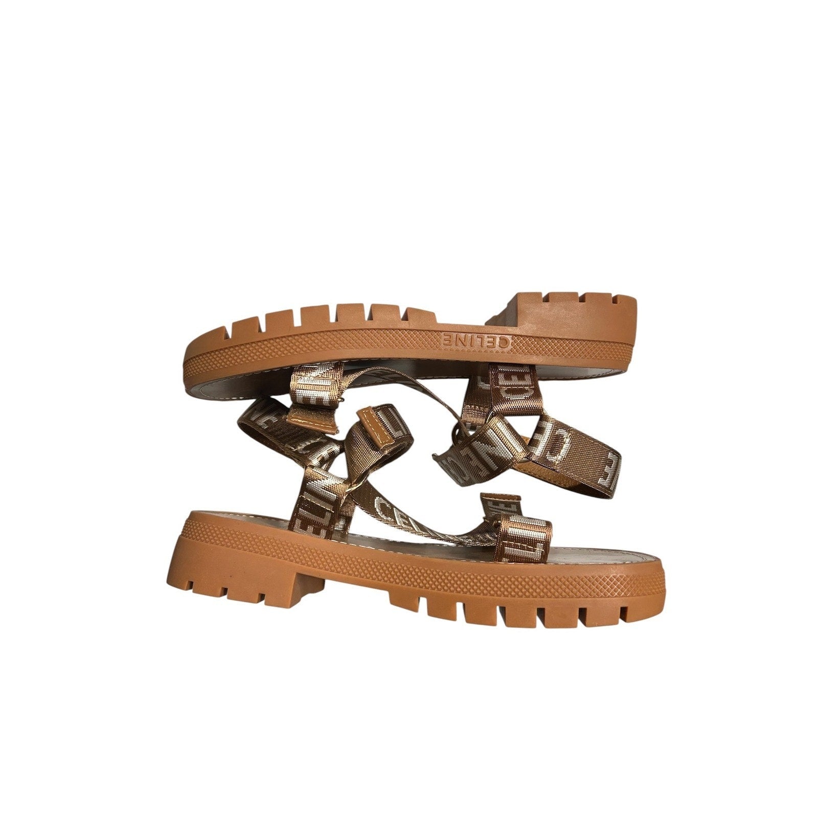 Celine Leo Flat Sandals Bronze Logo Jacquard Lug Sole Womens Size 40 Italy