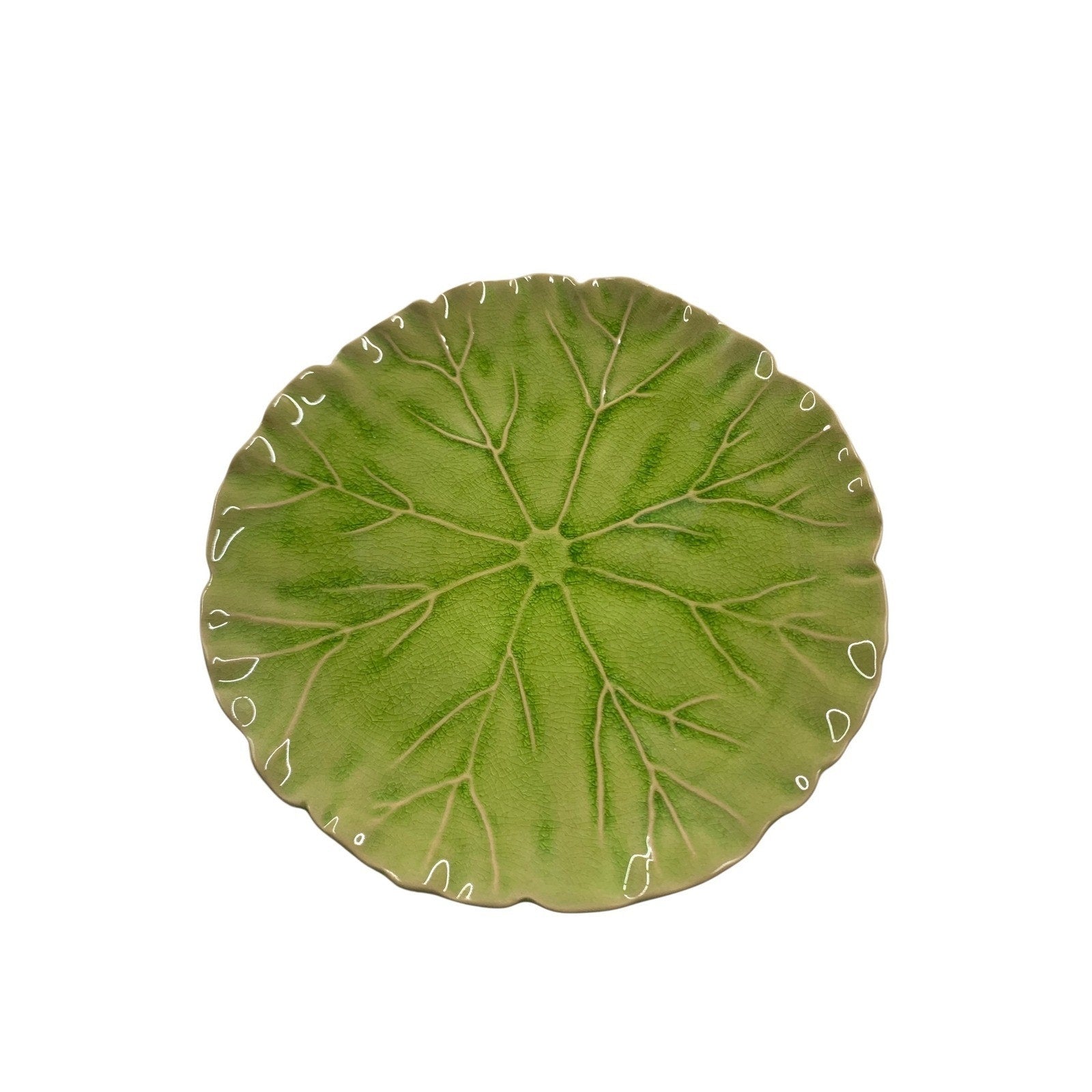 Anthropologie Green Lilypad Dessert Plate Scalloped Crackle Glaze Stoneware 11"