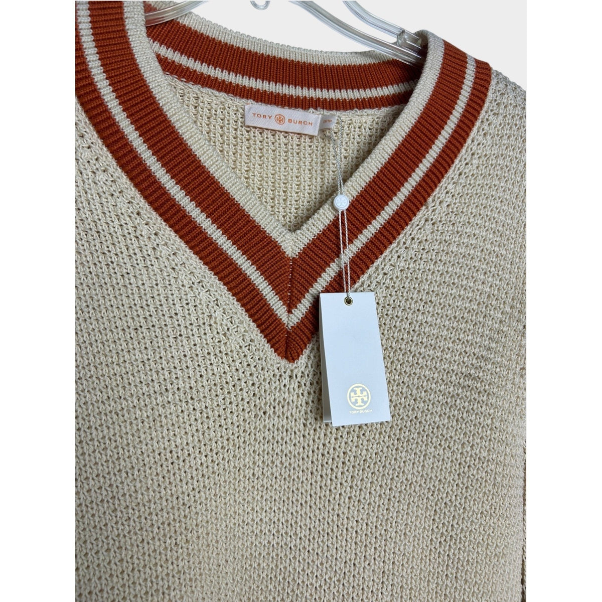 Tory Burch Vintage Cricket Sweater Ivory Orange V-Neck Knit Top XS 79714