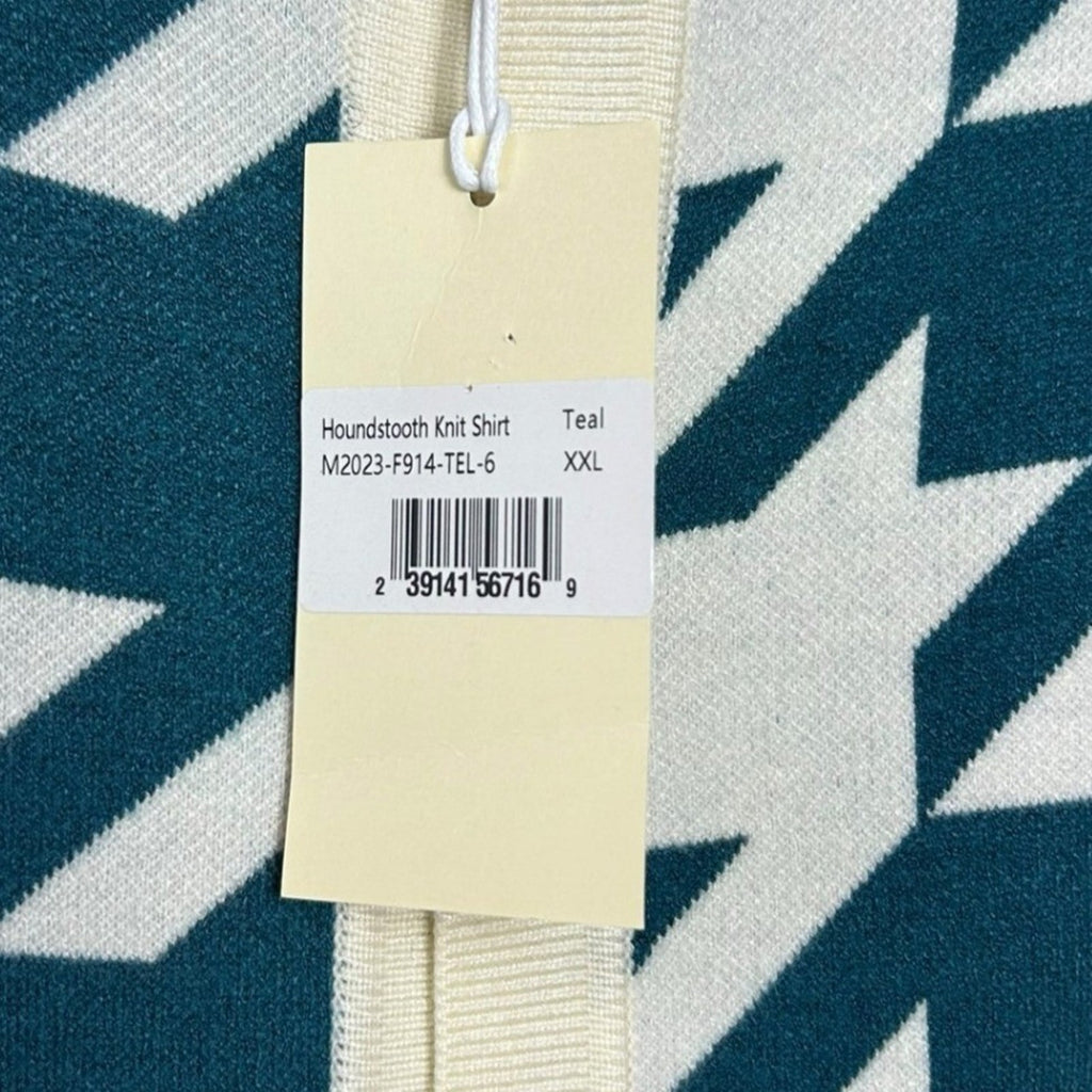 mnml Mens Teal Houndstooth Knit Short Sleeve Button Shirt XXL NWT Career Retro