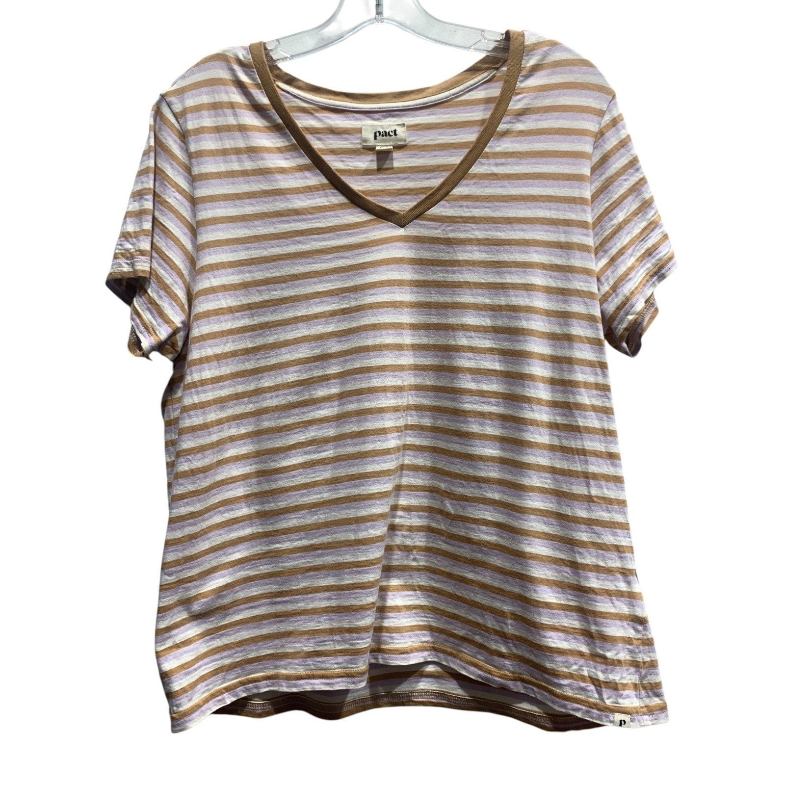 Pact Organic Cotton V-Neck Striped T-Shirt Tan Lavender White Large