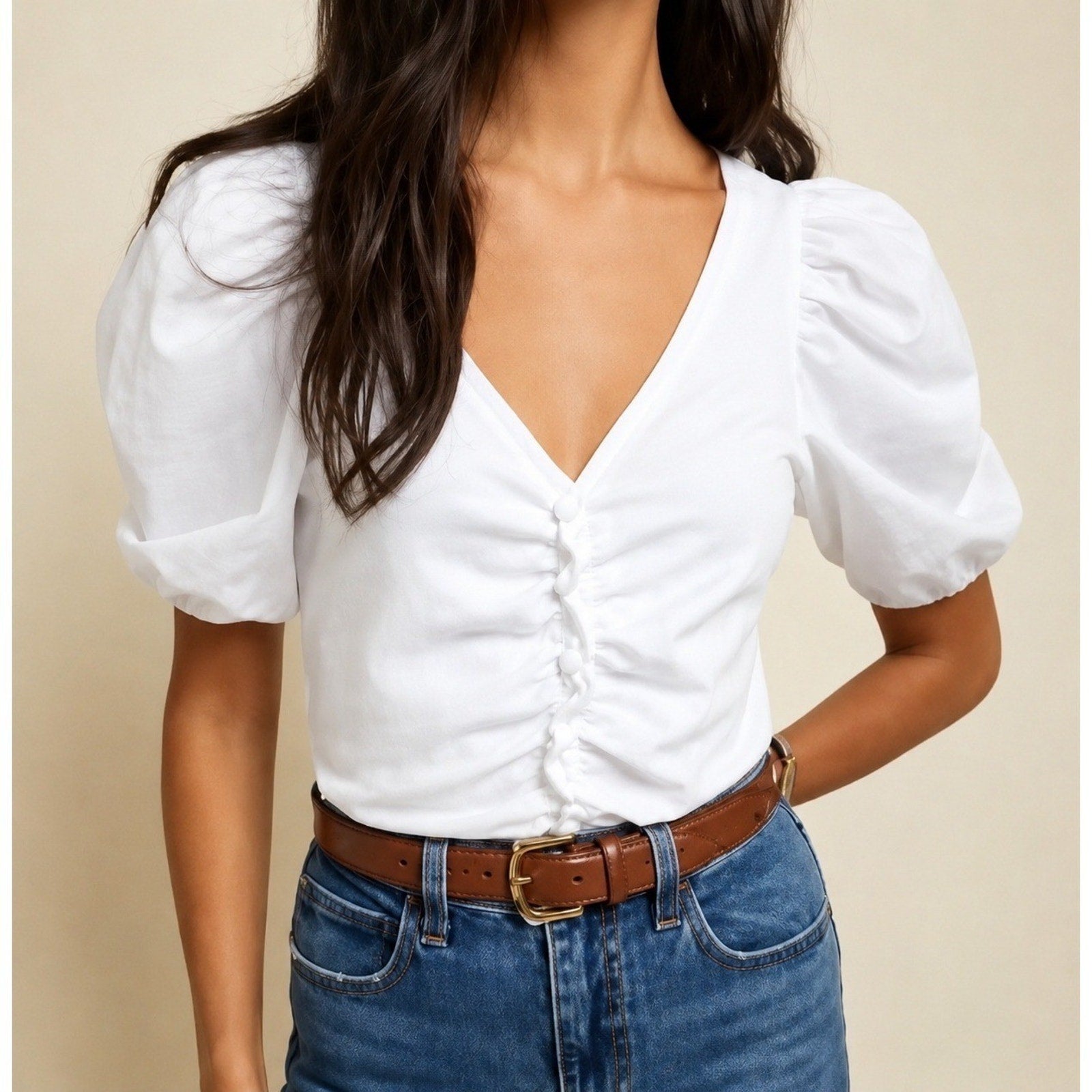 Nation Ltd Drew Gathered Romantic Tee Small White Puffed Sleeves Feminine Peru