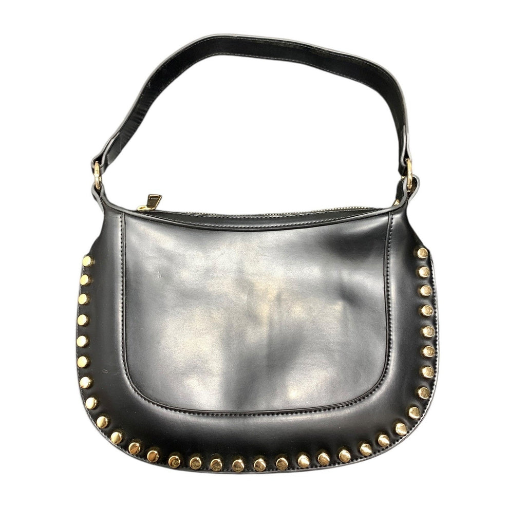 Anthropologie Studded Faux-Leather Shoulder Bag Black Gold Hardware Hobo Crescen