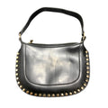 Anthropologie Studded Faux-Leather Shoulder Bag Black Gold Hardware Hobo Crescen