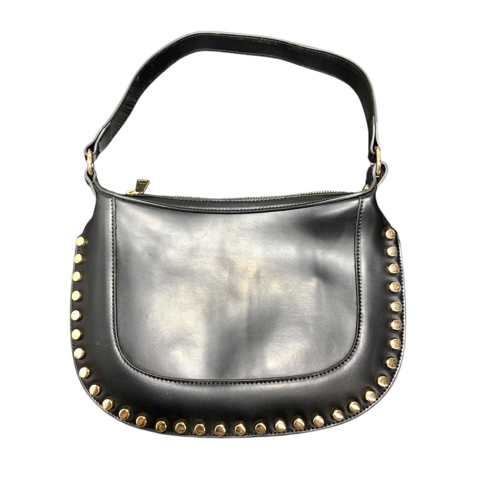 Anthropologie Studded Faux-Leather Shoulder Bag Black Gold Hardware Hobo Crescen