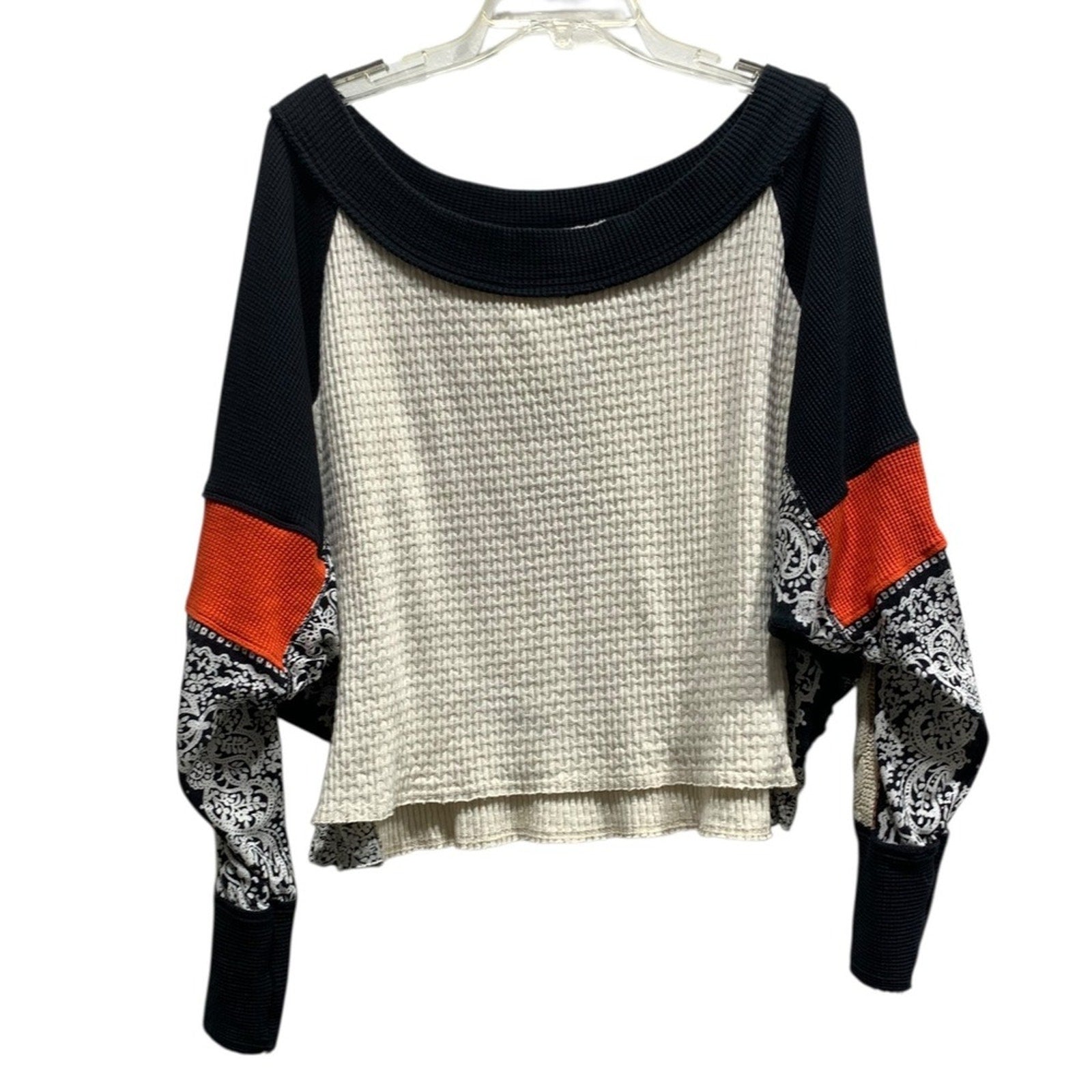 Free People Patchwork Waffle Knit Off Shoulder Long Sleeve Sweater Top Women