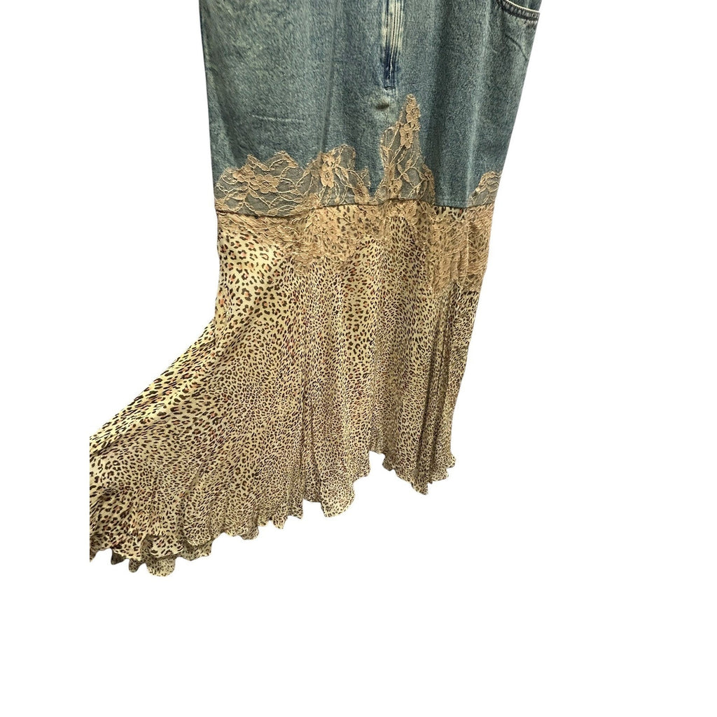 Jeanology Denim Leopard Print Lace Mixed Maxi Dress Y2K Grunge Fairy L Eclectic