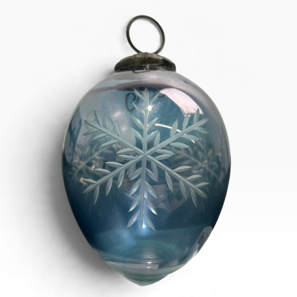 Vintage Light Blue Iridescent Etched Snowflake Glass Christmas Ornament 4 inch