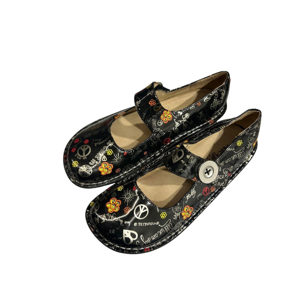 Alegria Paloma Black Peace Love Doodle Leather Mary Jane Clogs Shoes Womens 38