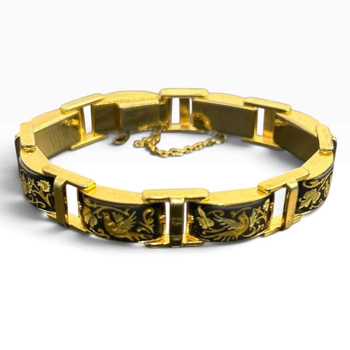 Vintage Spanish Damascene 24k Gold Inlay Bird Floral Link Bracelet 7.5in