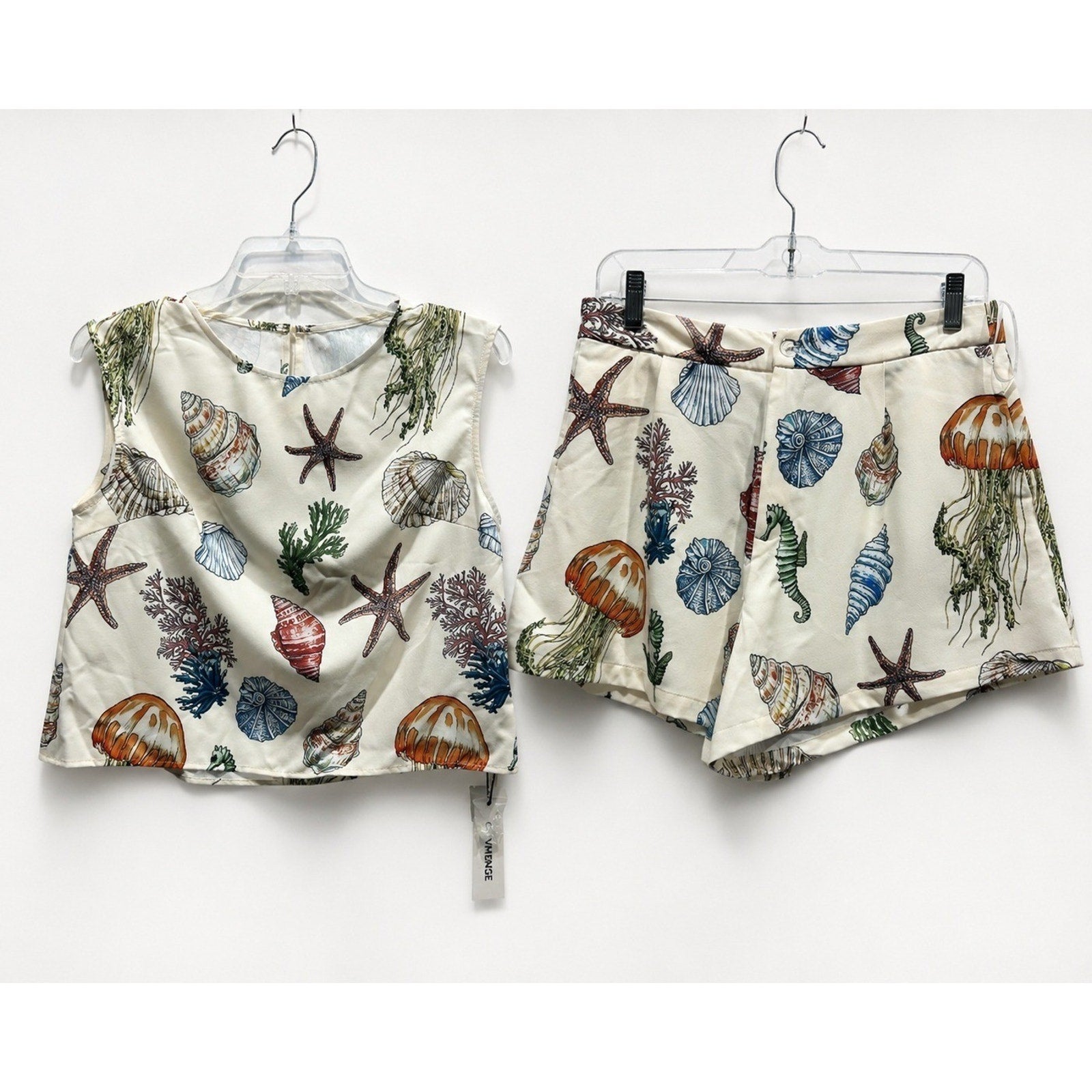 Commense Womens Sea Life Print Matching Set Cream Top and Shorts Medium NWT