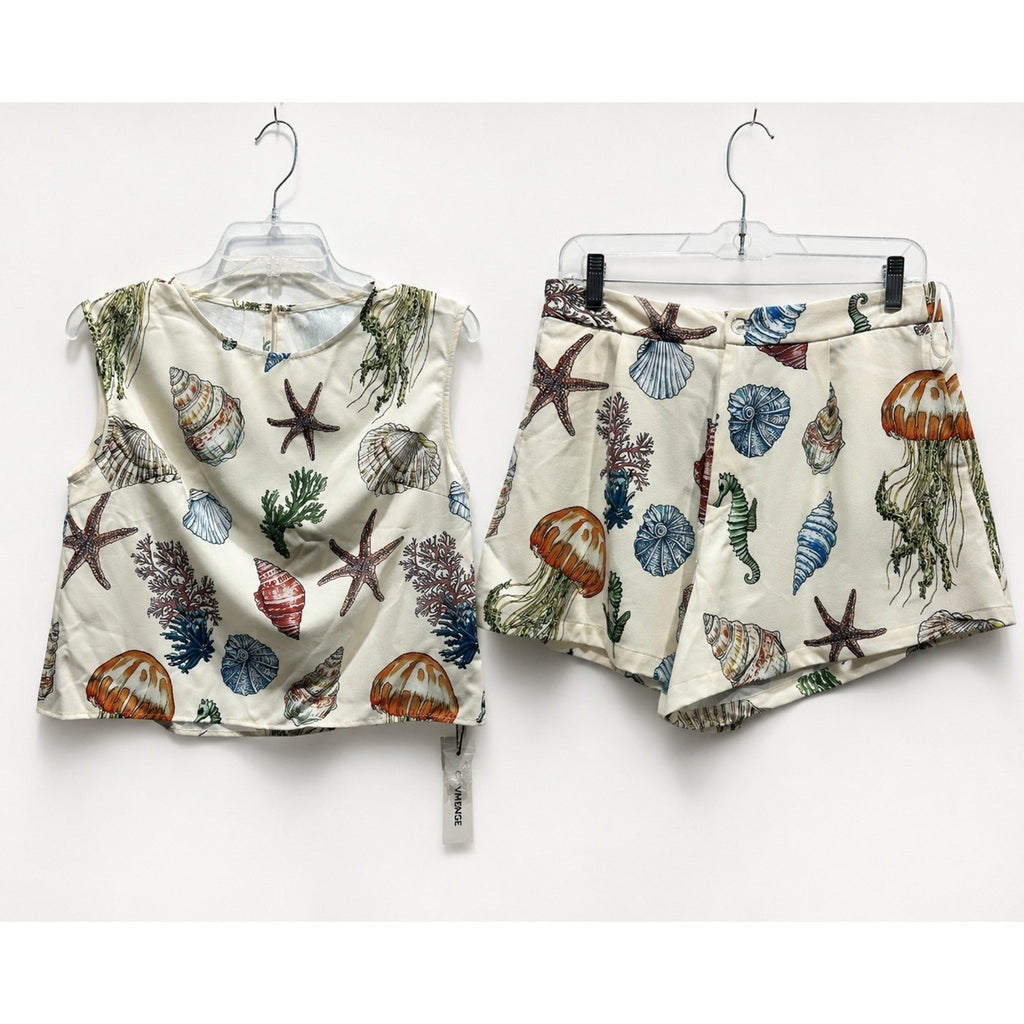 Commense Womens Sea Life Print Matching Set Cream Top and Shorts Medium NWT