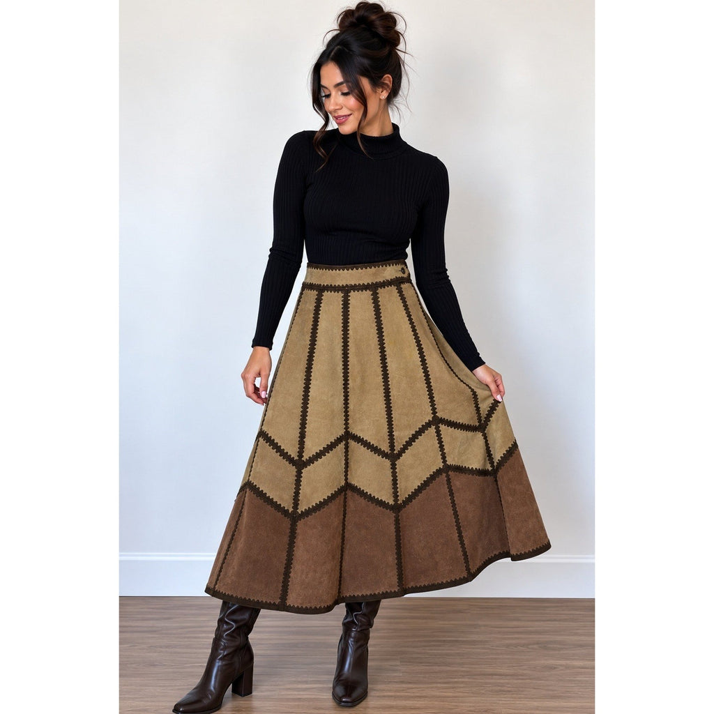 Young East Vintage 70s Patchwork Suede Leather Crochet Trim Midi Skirt Brown 7/8
