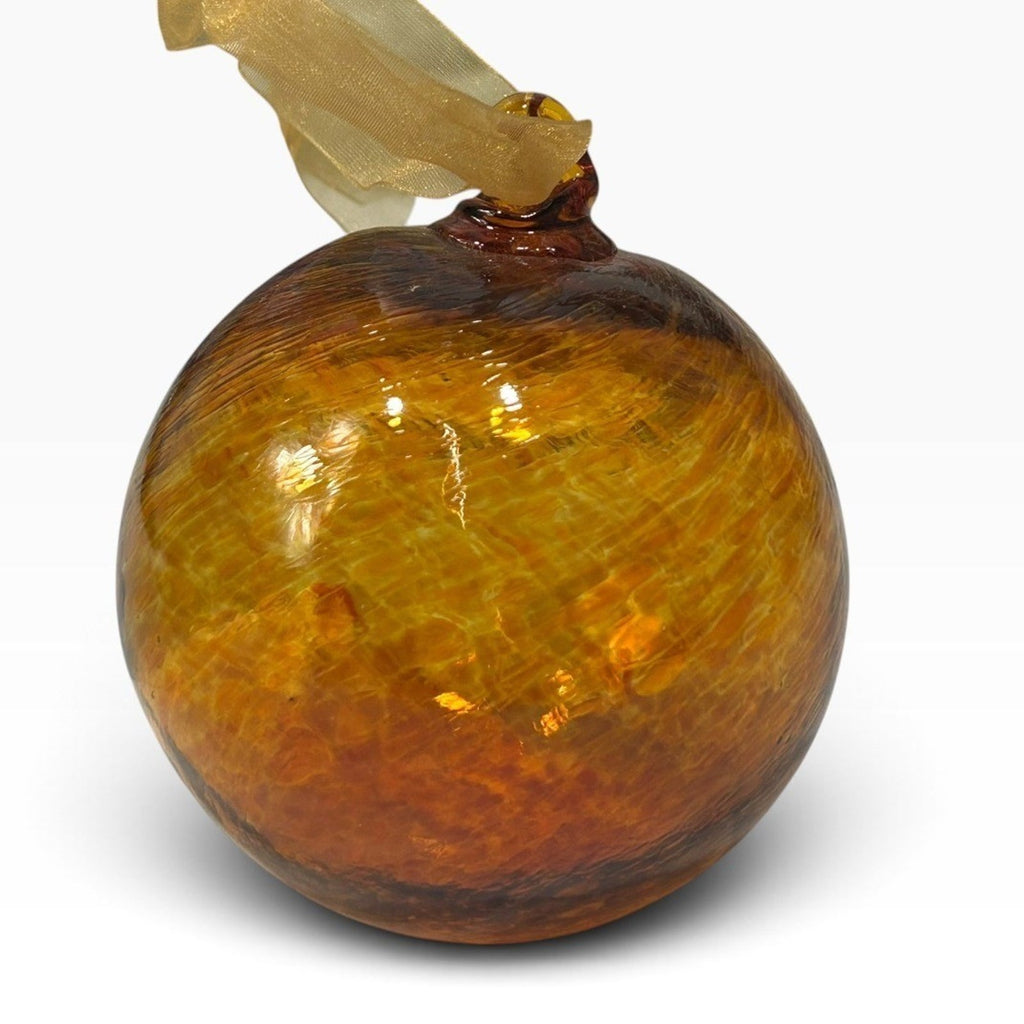 Crate & Barrel Amber Swirl Hand Blown Glass Christmas Ornament Ribbon