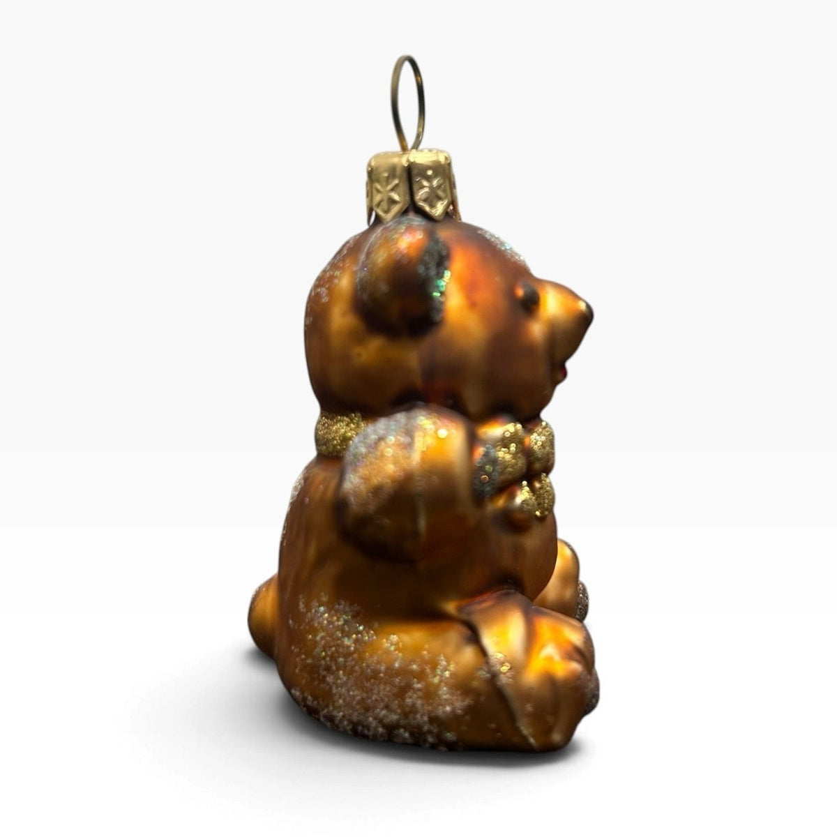 Small Amber Blown Glass Teddy Bear Christmas Ornament with Glitter Accents 2in