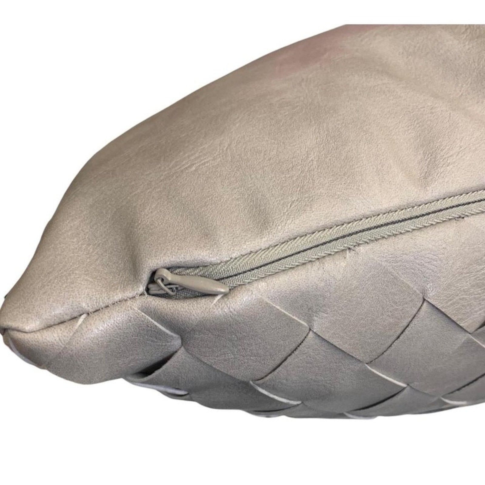FRYE Woven Faux Leather Throw Pillow 19" X 13" light grey