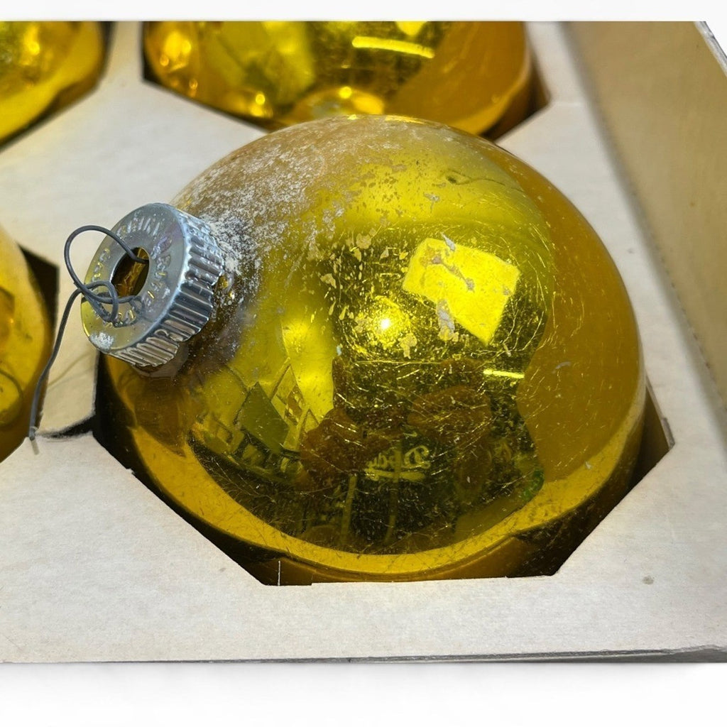 Vintage Jumbo Shiny Brite Gold Glass Christmas Ornaments 3in Made in USA Box