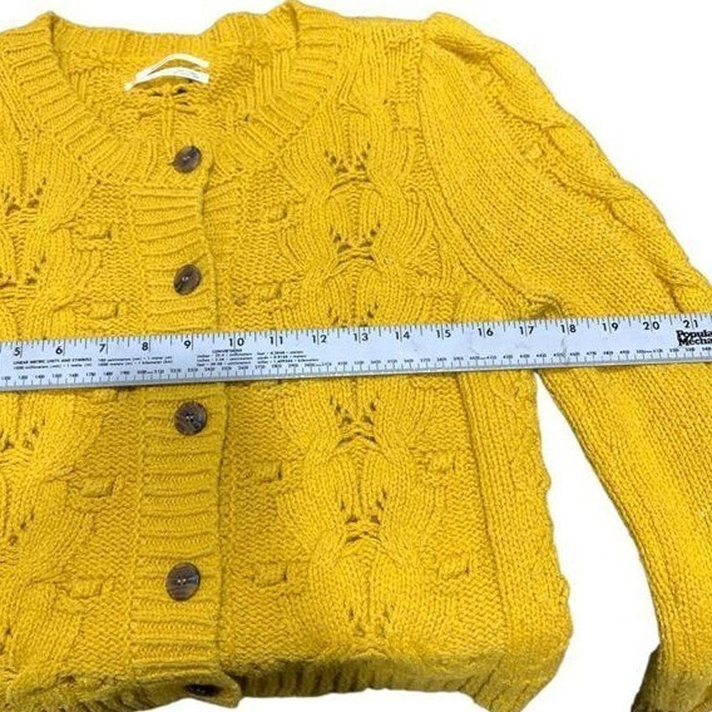 Anthropologie Mustard Yellow Cable Knit Puff Sleeve Button Front Cardigan M
