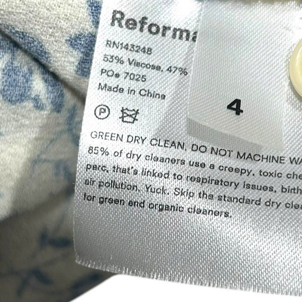 Reformation Gavin Blue Floral Midi Dress Cream Cap Sleeve Open Back Size 4 Slit