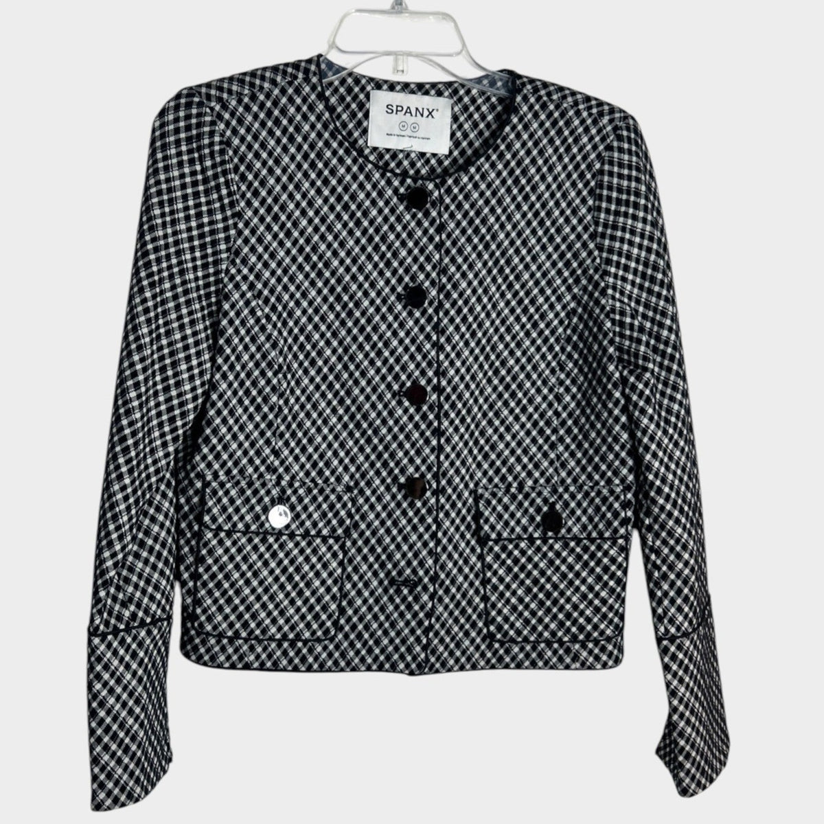 Spanx Ponte Black White Gingham Button Front Jacket Blazer Medium career preppy