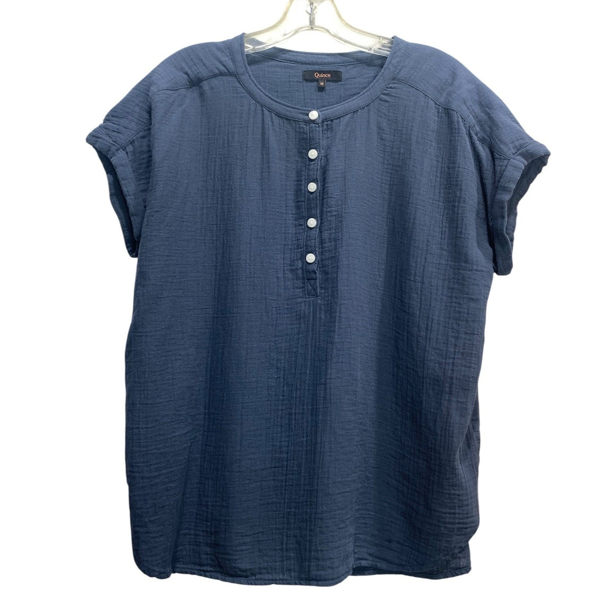 Quince Organic Cotton Double Gauze Henley Short Sleeve Blouse Blue Medium