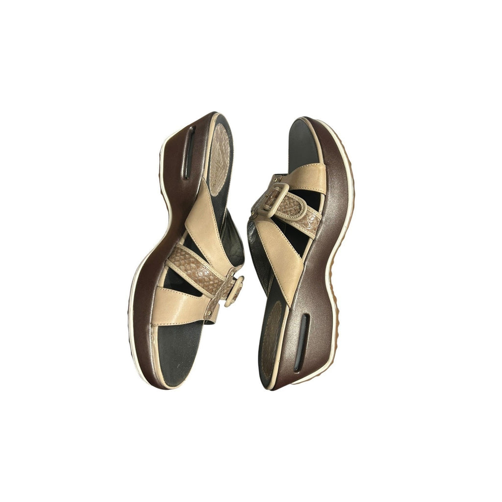 Cole Haan wedge slip-on slide sandals Beige Leather Snakeskin 6.5B