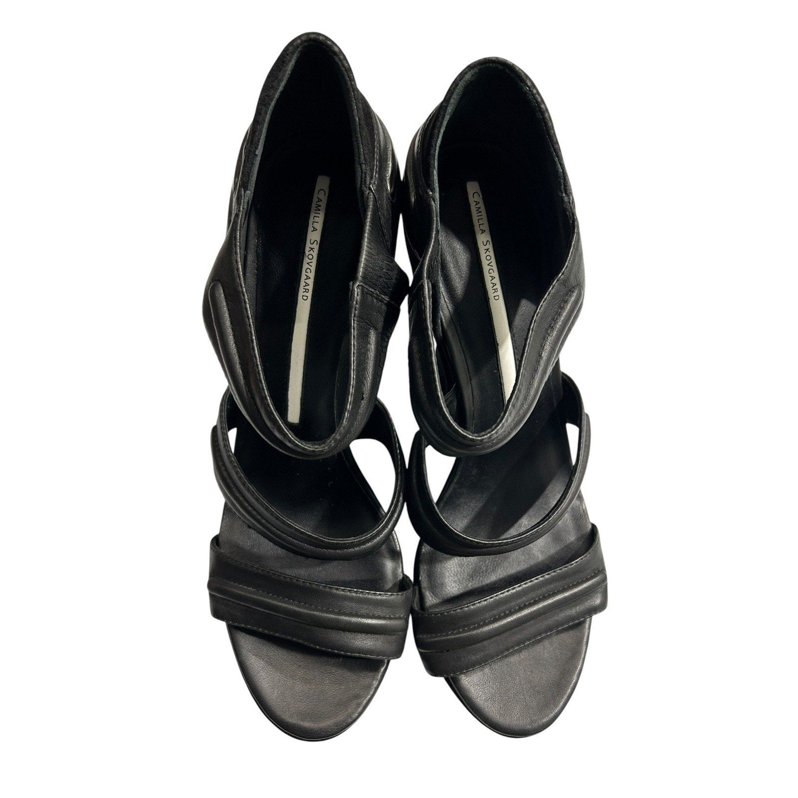 Camilla Skovgaard Black Leather Suede Architectural Wedge Sandals Size 41 club