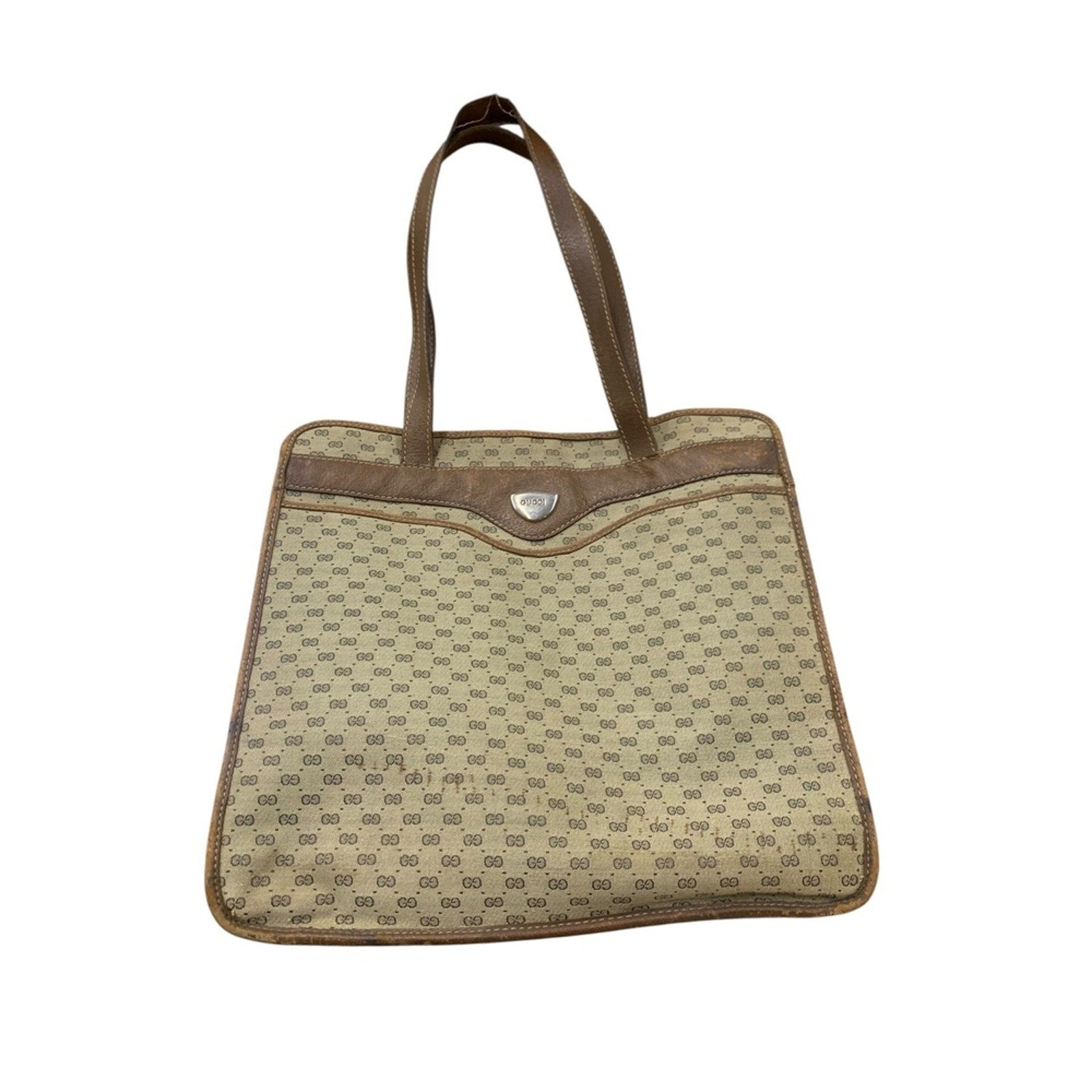 Vintage Gucci GG Monogram Tote Bag Handbag Purse Brown Leather Trim