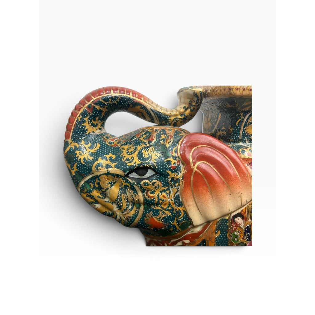 Vintage Satsuma Ceramic Elephant Plant Stand Hand Painted Gilded 10in
