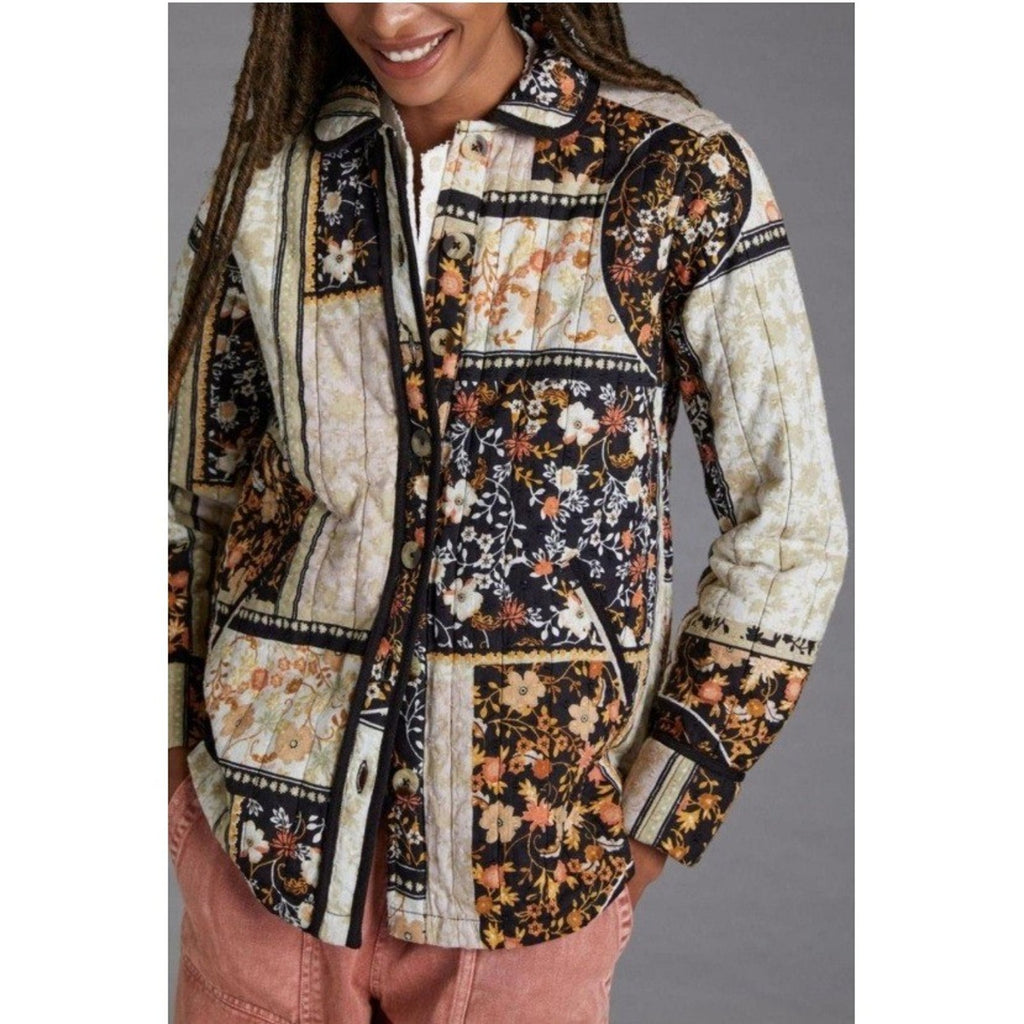 Anthropologie Quilted Patchwork Floral Jacket Black Cream Orange XS XS Boho