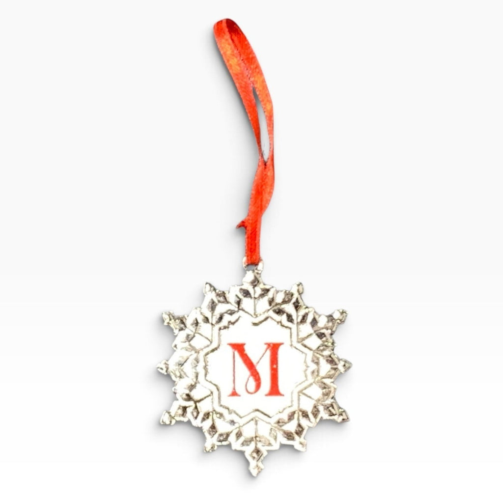 Hallmark Monogram Silver Metal Snowflake Christmas Ornament Red Ribbon Charming