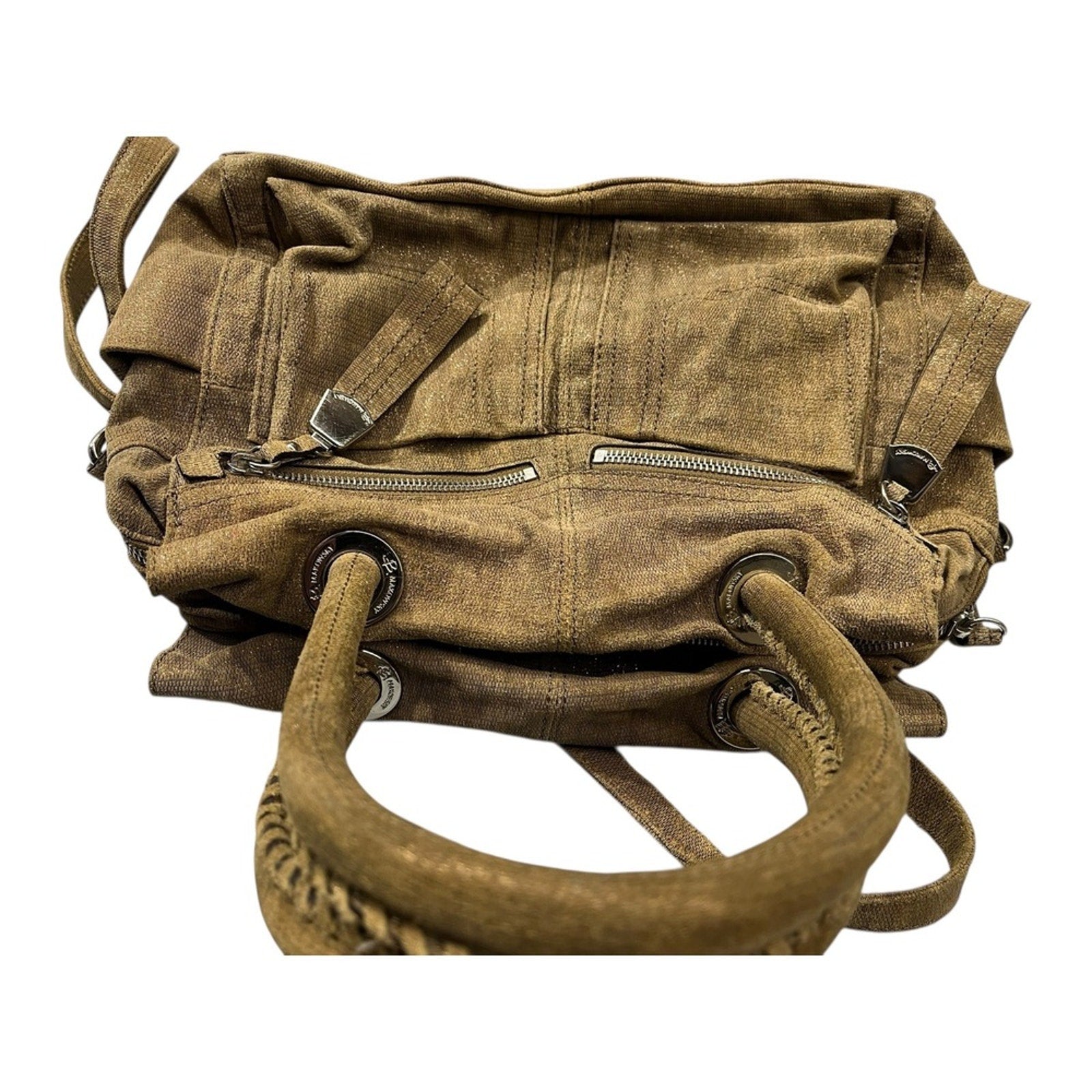 Makowsky Designer Tan Canvas Leather Trim Satchel Shoulder Bag Convertible