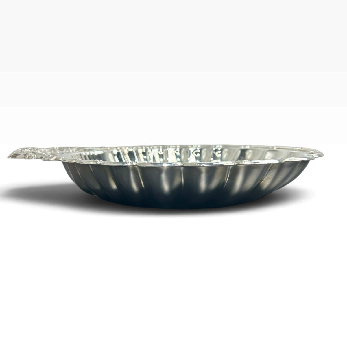 14" Vintage Silver Plated Scalloped Shell Dish Ornate Floral Handle Trinket Tray