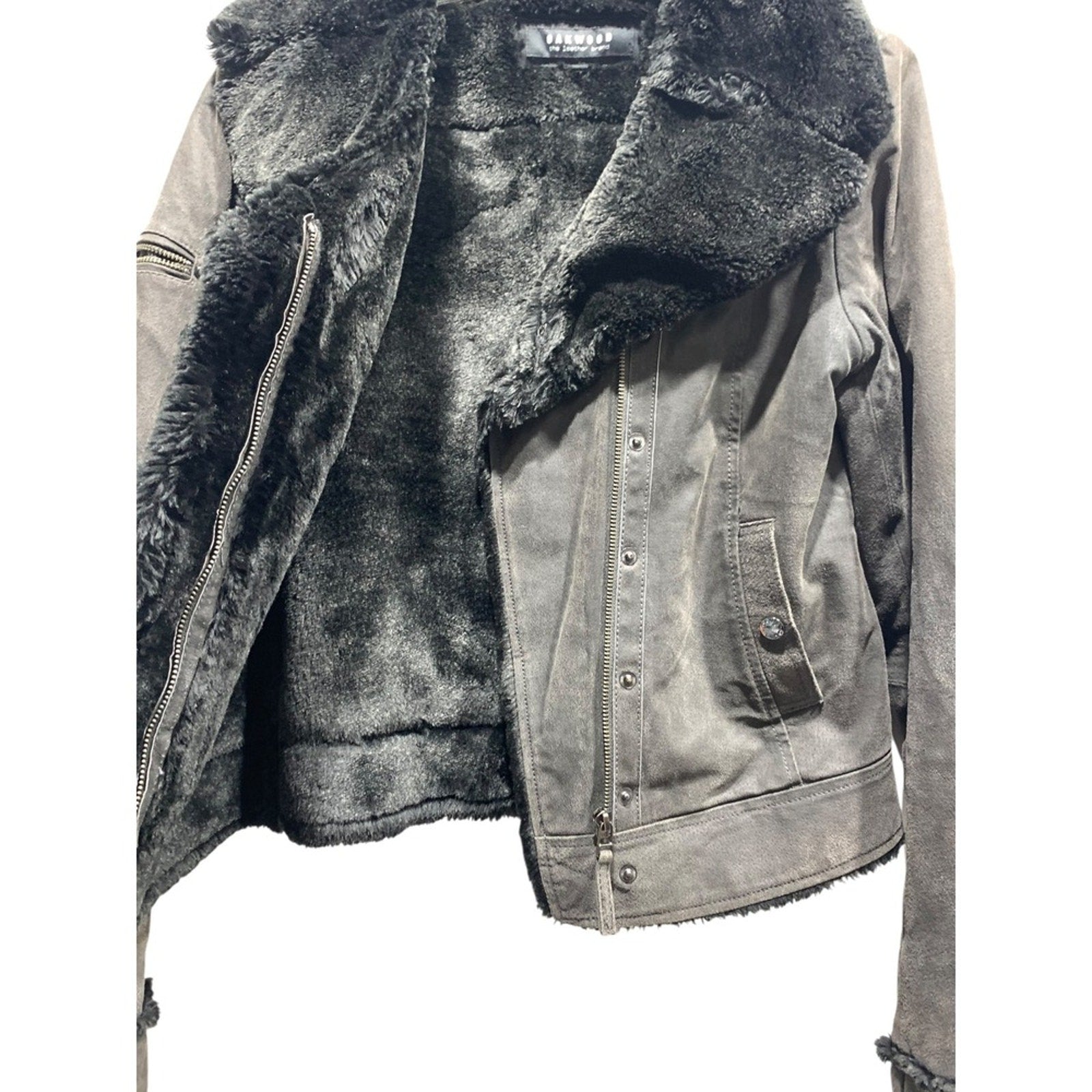 OAKWOOD The Leather Brand Women's L Gray Faux Fur Lined Faux Suede Moto Jacket