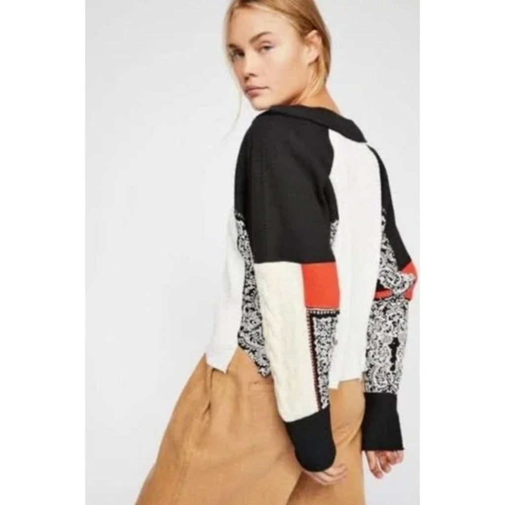Free People Patchwork Waffle Knit Off Shoulder Long Sleeve Sweater Top Women