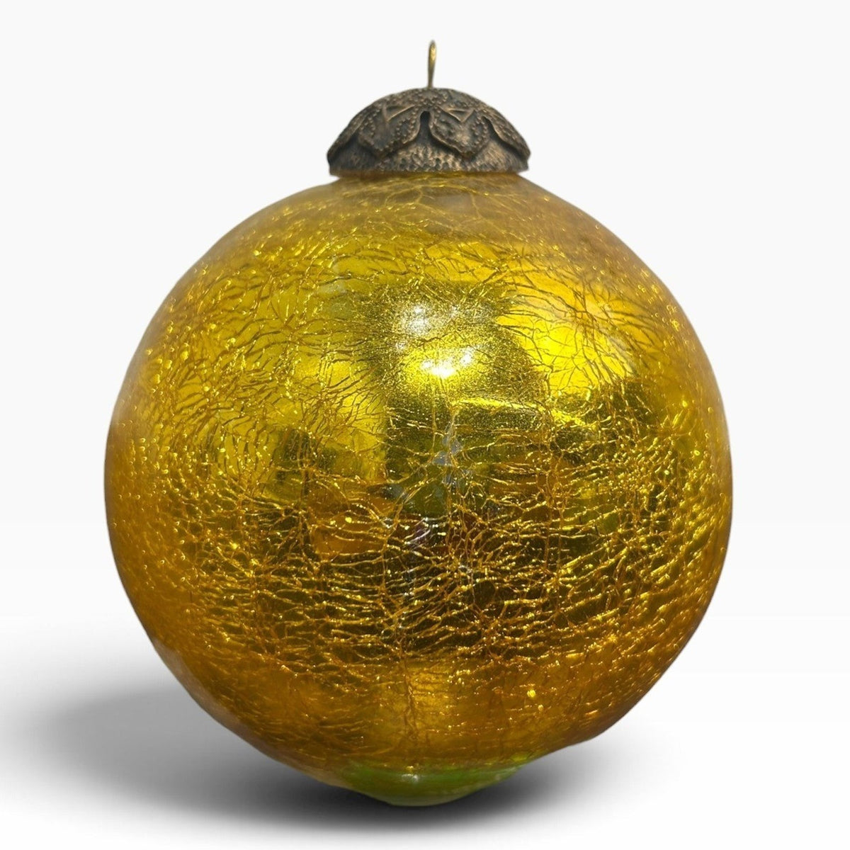Vintage Heavy Gold Crackle Glass Ball Christmas Ornament 3.5 Inch Beautiful Cute