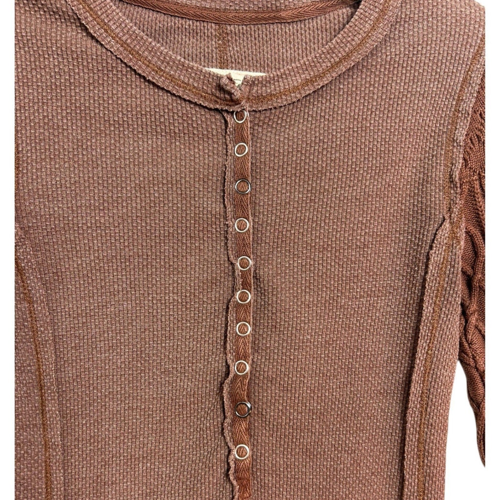 Free People We The Free Twisted Cable Cuff Thermal Henley Top Caramel Cafe XS
