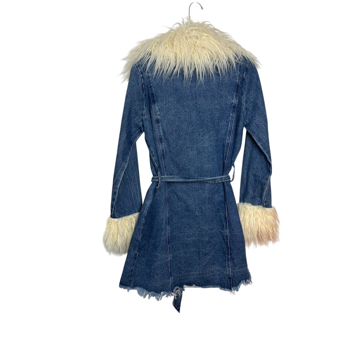 Show Me Your Mumu Penny Lane Coat Blue Denim Faux Fur Trim Wrap Jacket XS 70s