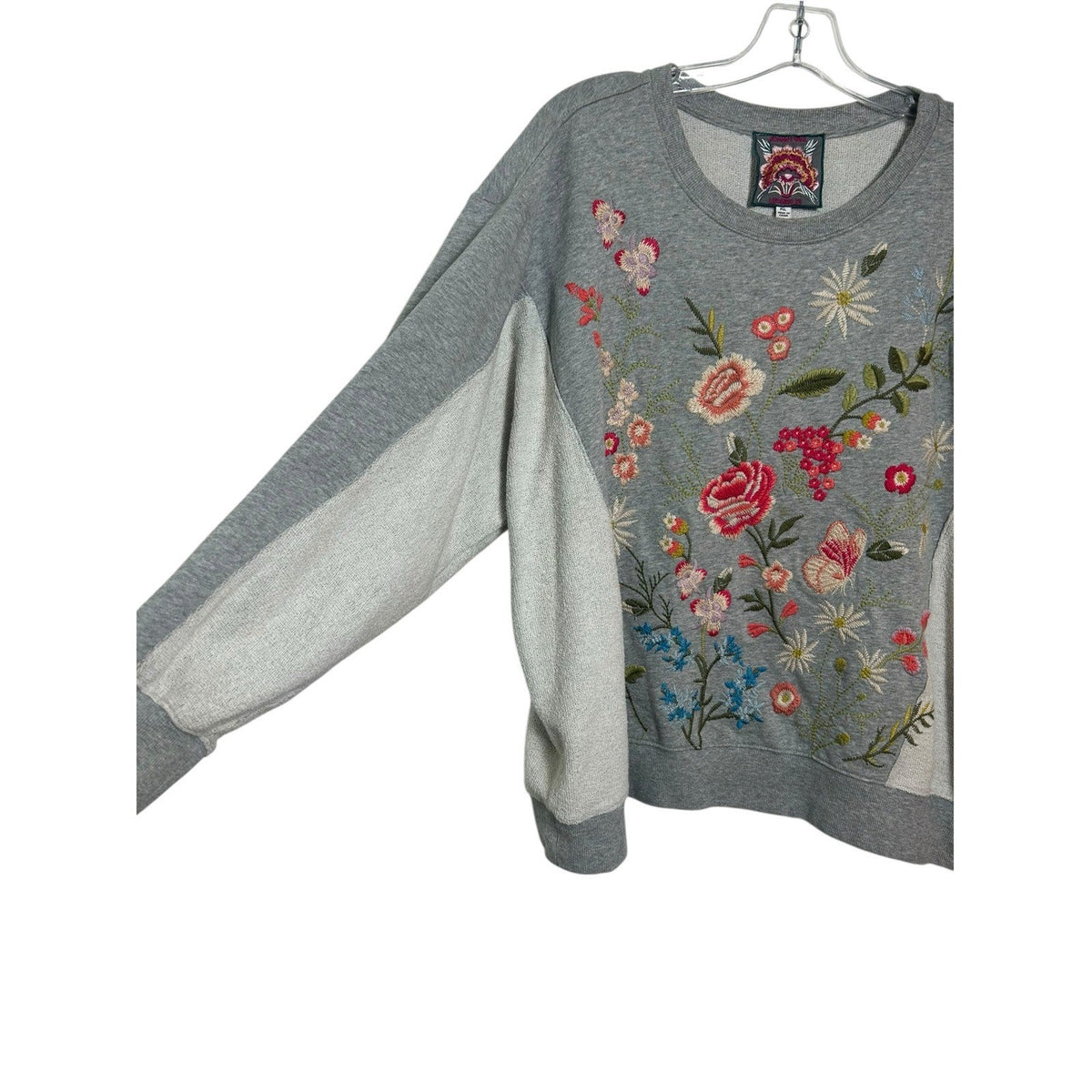 Johnny Was Catalina Terry Floral Embroidered Sweatshirt Grey PXL cottagecore