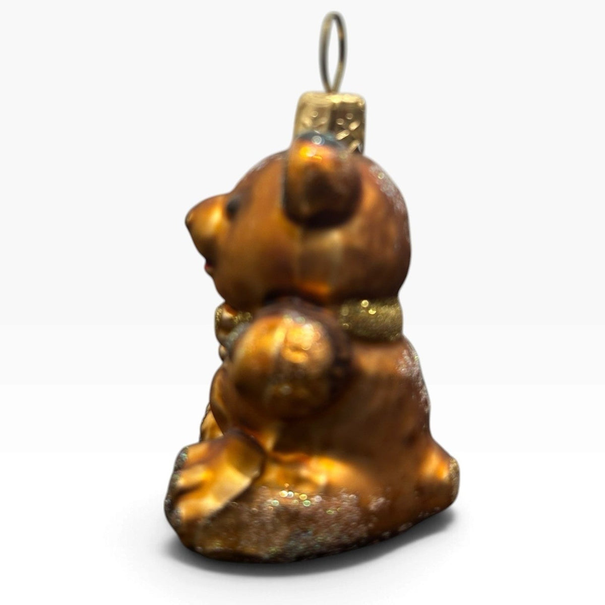Small Amber Blown Glass Teddy Bear Christmas Ornament with Glitter Accents 2in