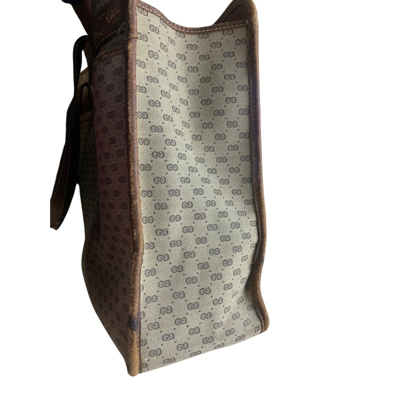 Vintage Gucci GG Monogram Tote Bag Handbag Purse Brown Leather Trim