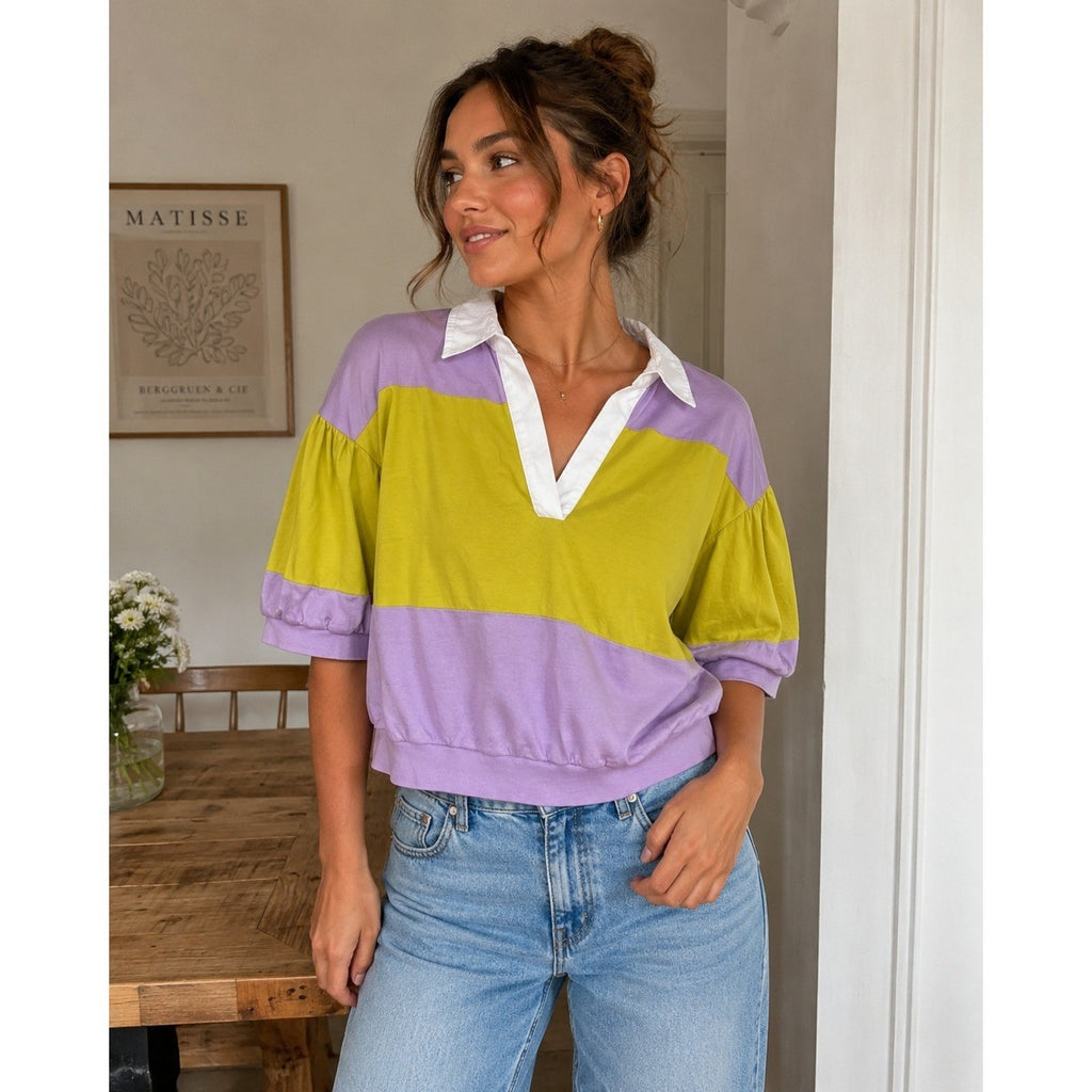 Kate Spade New York Purple Yellow Puff Sleeve Top M 100% Cotton Preppy coastal