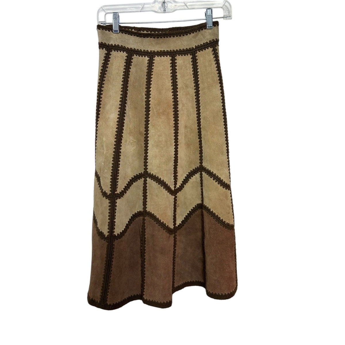 Young East Vintage 70s Patchwork Suede Leather Crochet Trim Midi Skirt Brown 7/8