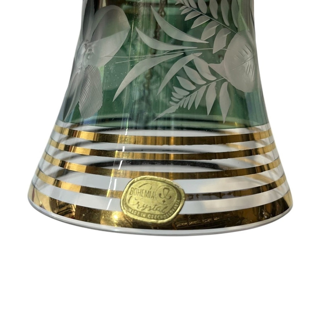 Bohemia Crystal Handcrafted Etched Green Glass Bell Gold Trim Decorative Accent