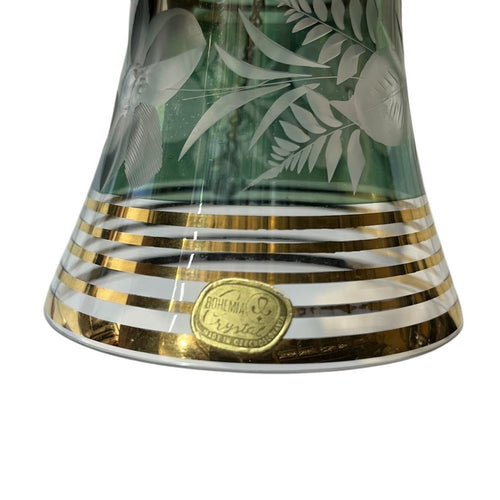Bohemia Crystal Handcrafted Etched Green Glass Bell Gold Trim Decorative Accent