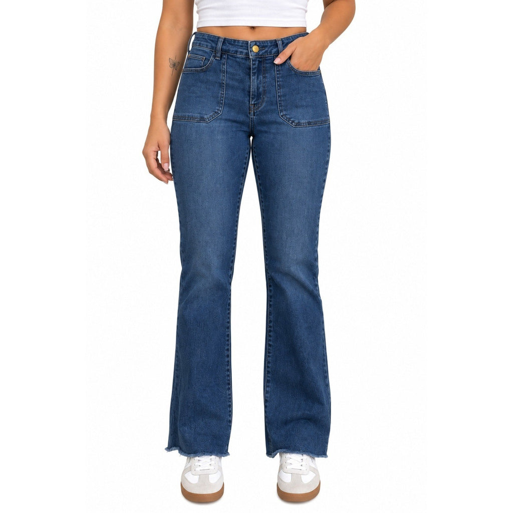 Pilcro and the Letterpress Flare Jeans Medium Wash Patch Pocket Raw Hem 29