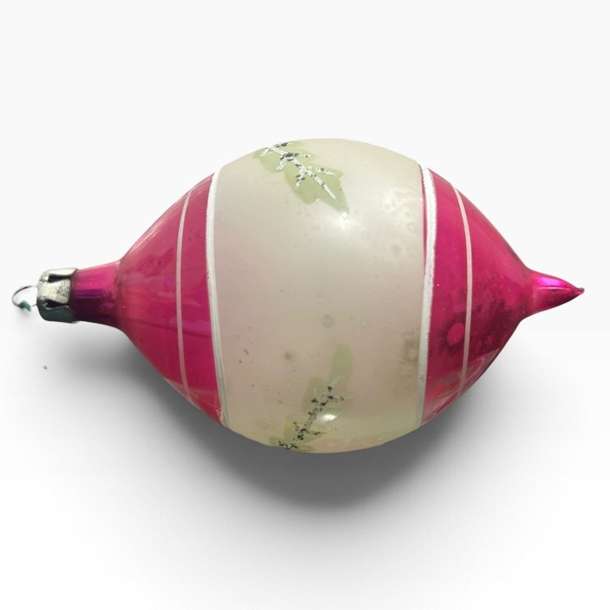 Vintage Poland Pink White Glass Teardrop Christmas Ornament Glitter Patina 3.5in